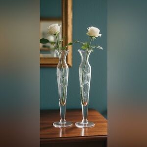 VTG~Princess House Heritage Crystal Bud Vase Ruffled Top, Hand Blown, Etched 10”